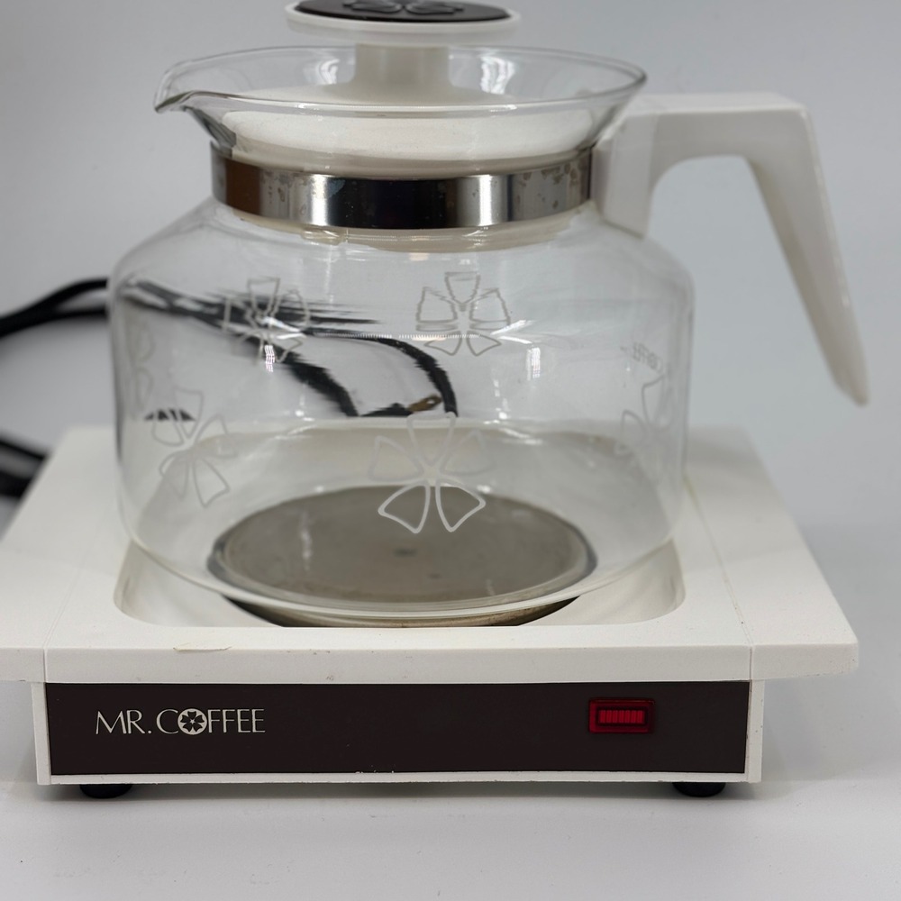Mr. Coffee Tea Maker Warmer Set White Vintage WD-12 Floral Glass Carafe